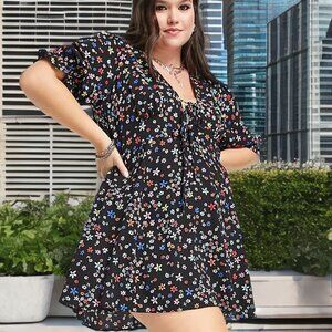 ASOS Design Curve Tea Mini Dress Floral Multicolor Tie Front V-Neck Flare Light